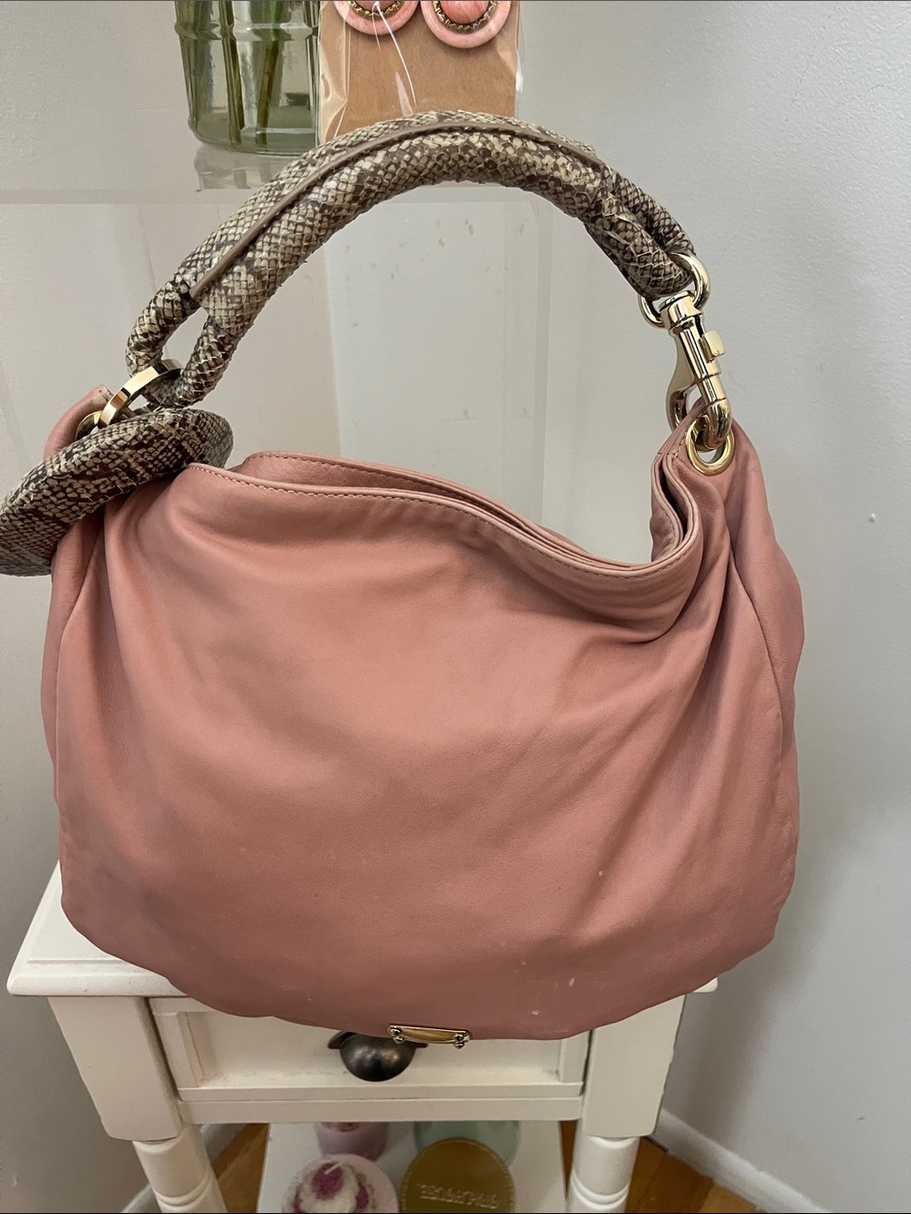 Jimmy Choo Ballet Pink Leather Shoulder Bag with Snake-Print Decorative Handle